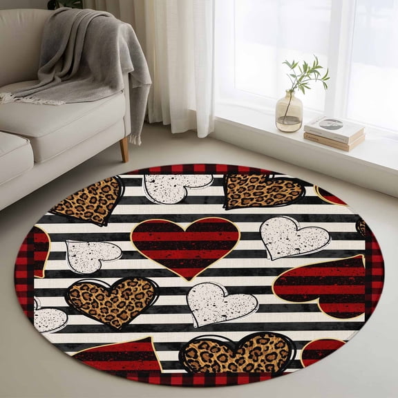 Area Rug 36in, Valentines Buffalo Plaid Red Border Floor Carpet Living Room Rug, Leopard Print Check Love Heart Non-Slip Welcome Mat Indoor Rugs for Bedroom Dining Room