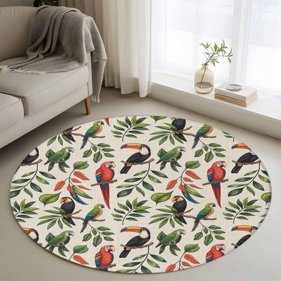 Area Rug 36in, Vintage Animal Red Black Parrots Floor Carpet Living Room Rug, Leaf on Linen Non-Slip Welcome Mat Indoor Rugs for Bedroom Dining Room