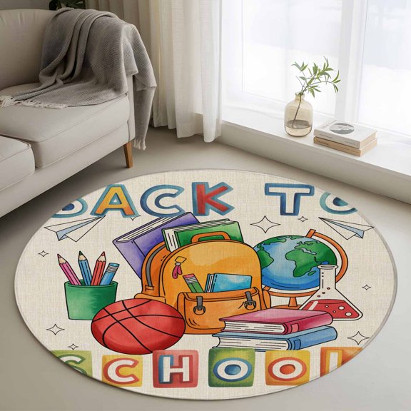 Area Rug 36in, Vintage Crayon Globe Floor Carpet Living Room Rug, Back to School Words on Linen Non-Slip Welcome Mat Indoor Rugs for Bedroom Dining Room