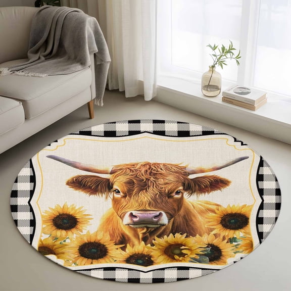Area Rug 36in, Vintage Farm Cow Sunflowers Floor Carpet Living Room Rug, Black White Buffalo Check Non-Slip Welcome Mat Indoor Rugs for Bedroom Dining Room