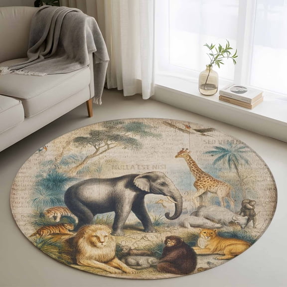 Area Rug 36in, Vintage Jungle Animals Floor Carpet Living Room Rug, Elephants Giraffes Lions Non-Slip Welcome Mat Indoor Rugs for Bedroom Dining Room