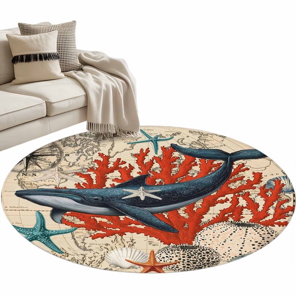 Area Rug 36in, Vintage Nautical Whale on Map Floor Carpet Living Room Rug, Ocean Starfish Coral Shell Non-Slip Welcome Mat Indoor Rugs for Bedroom Dining Room