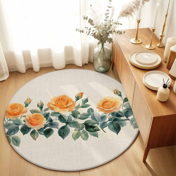 Area Rug 36in, Vintage Orange Rose Flower on Linen Floor Carpet Living Room Rug, Spring Pastoral Floral Non-Slip Welcome Mat Indoor Rugs for Bedroom Dining Room