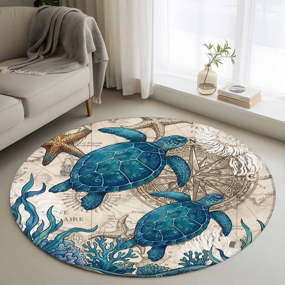 Area Rug 36in, Vintage Sea Turtle Seaweed Starfish Floor Carpet Living Room Rug, Compass Shell World Map Non-Slip Welcome Mat Indoor Rugs for Bedroom Dining Room