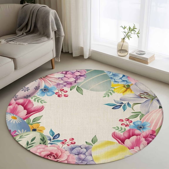Area Rug 36in, Vintage Spring Easter Eggs Floor Carpet Living Room Rug, Country Flowers on Linen Non-Slip Welcome Mat Indoor Rugs for Bedroom Dining Room