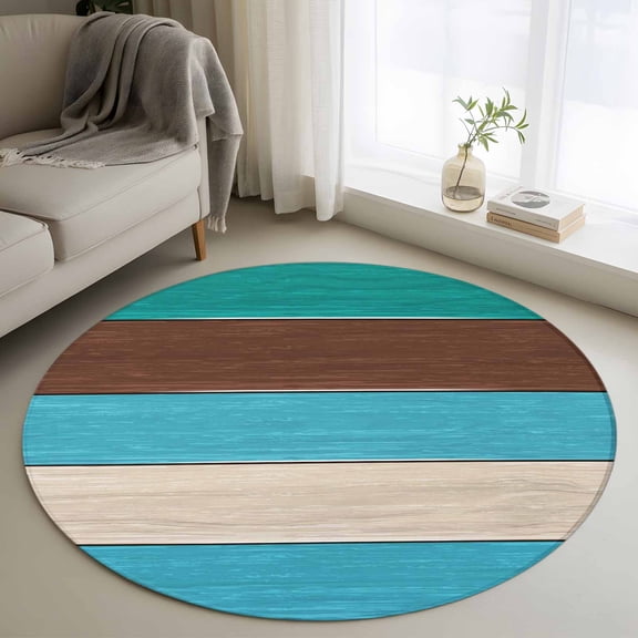 Area Rug 36in, Vintage Teal Brown Wooden Barn Floor Carpet Living Room Rug, Farmhouse Wood Grain Non-Slip Welcome Mat Indoor Rugs for Bedroom Dining Room