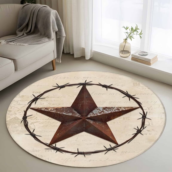 Area Rug 36in, Vintage Western Star Floor Carpet Living Room Rug, Shabby Country Pentagram Non-Slip Welcome Mat Indoor Rugs for Bedroom Dining Room