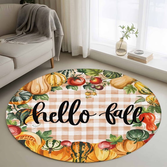 Area Rug 36in, Watercolor Autumn Country Pumpkin Floor Carpet Living Room Rug, Vintage Fall Vegetables Non-Slip Welcome Mat Indoor Rugs for Bedroom Dining Room