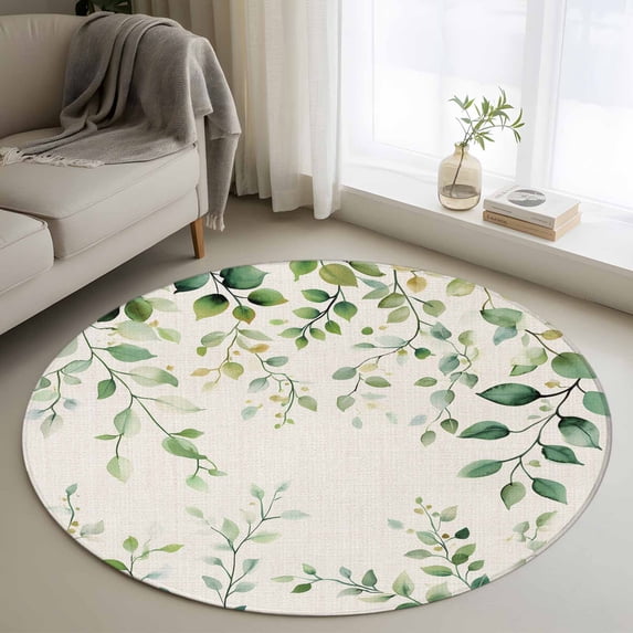 Area Rug 36in, Watercolor Eucalyptus Leaf Plant Floor Carpet Living Room Rug, Rustic Green Leaves on Flax Non-Slip Welcome Mat Indoor Rugs for Bedroom Dining Room