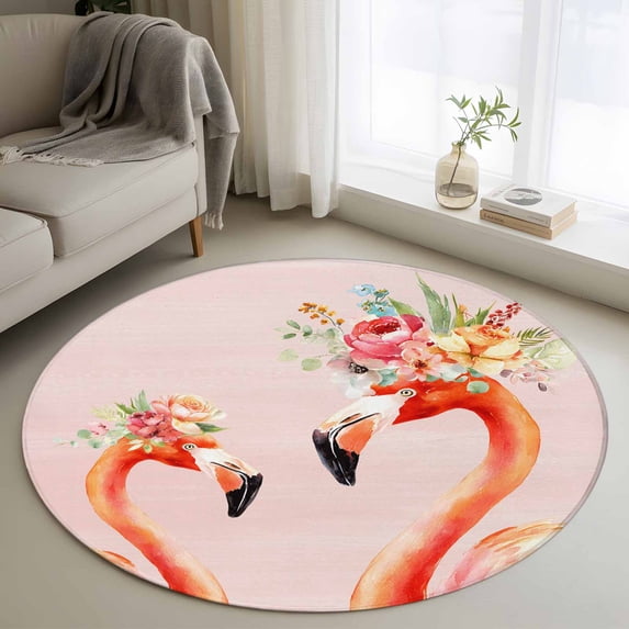 Area Rug 36in, Watercolor Flamingo Floral Crowns Floor Carpet Living Room Rug, Pastel Pink Background Non-Slip Welcome Mat Indoor Rugs for Bedroom Dining Room