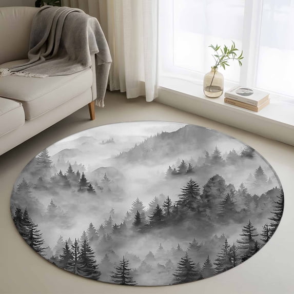 Area Rug 36in, Watercolor Forest Tree Mountain Floor Carpet Living Room Rug, Black Gray Natural Scenic Non-Slip Welcome Mat Indoor Rugs for Bedroom Dining Room