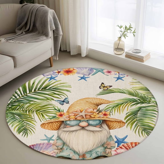 Area Rug 36in, Watercolor Gnome Ocean Life Flower Floor Carpet Living Room Rug, Starfish Shell on Burlap Non-Slip Welcome Mat Indoor Rugs for Bedroom Dining Room