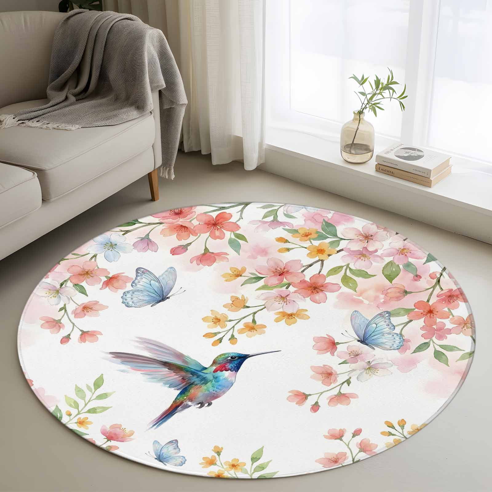 Naturestep Rug Butterfly Area Rug 36in, Watercolor Hummingbird Butterflies Floor Carpet Living ...