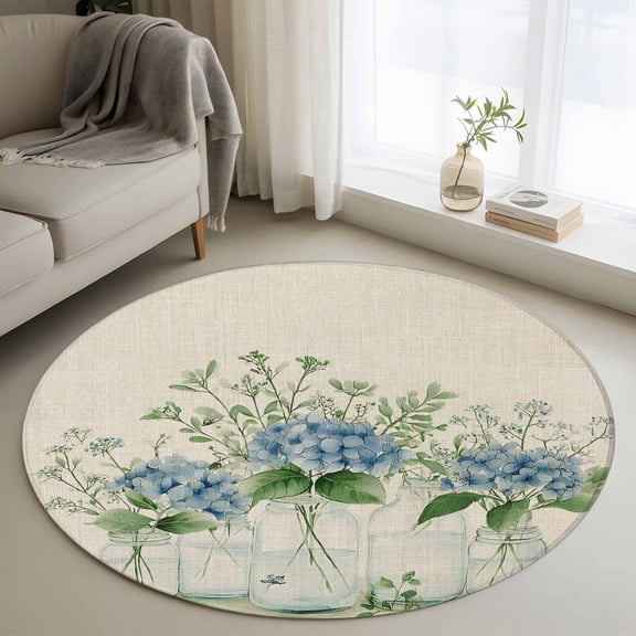 Area Rug 36in, Watercolor Hydrangea Flower Bottle Floor Carpet Living Room Rug, Green Leaves on Burlap Non-Slip Welcome Mat Indoor Rugs for Bedroom Dining Room