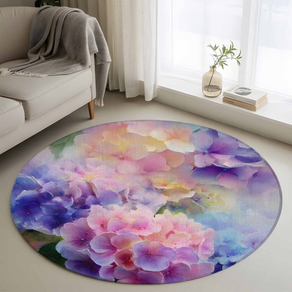 Area Rug 36in, Watercolor Hydrangea Flower Floor Carpet Living Room Rug, Spring Floral Burlap Linen Non-Slip Welcome Mat Indoor Rugs for Bedroom Dining Room