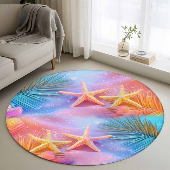 Area Rug 36in, Watercolor Marine Life Floor Carpet Living Room Rug, Gradient Coastal Starfish Shell Beach Non-Slip Welcome Mat Indoor Rugs for Bedroom Dining Room