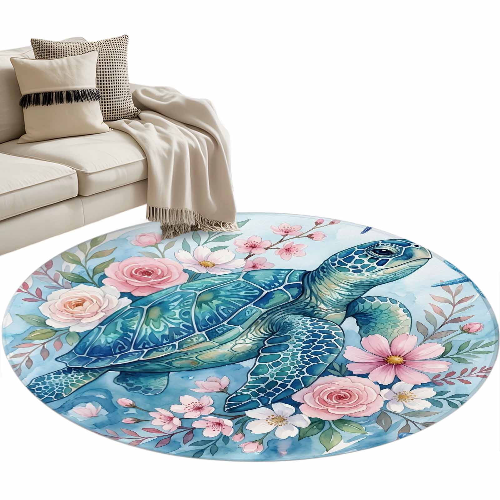 Area Rug 36in, Watercolor Ocean Turtle Pink Flower Floor Carpet Living ...