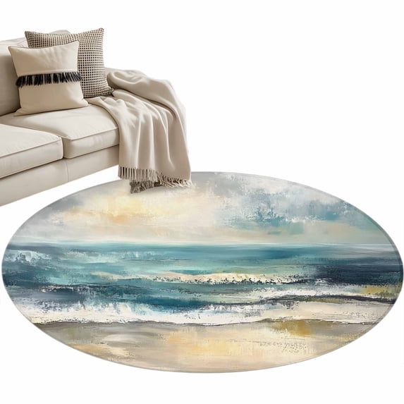 Area Rug 36in, Watercolor Ocean Waves Beach Floor Carpet Living Room Rug, Abstract Seaside Cloudy Sky Non-Slip Welcome Mat Indoor Rugs for Bedroom Dining Room