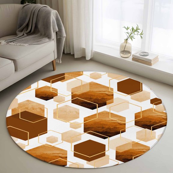 Area Rug 36in, Watercolor Orange Hexagon Floor Carpet Living Room Rug, Abstract Geometric Art Non-Slip Welcome Mat Indoor Rugs for Bedroom Dining Room
