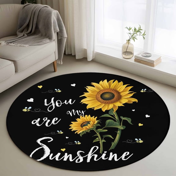 Area Rug 36in, Watercolor Sunflower Bee Love Floor Carpet Living Room Rug, Sunshine Quote Black Back Non-Slip Welcome Mat Indoor Rugs for Bedroom Dining Room