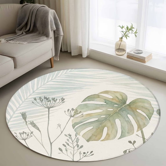Area Rug 36in, Watercolors Green Palm Leaves Floor Carpet Living Room Rug, Summer Tropical Plants Non-Slip Welcome Mat Indoor Rugs for Bedroom Dining Room