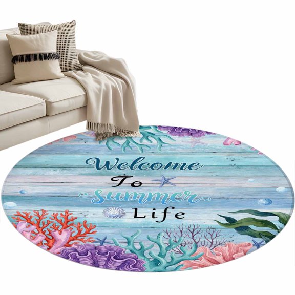 Area Rug 36in, Welcome to Summer Life Floor Carpet Living Room Rug, Sea Corals Farm White Wood Non-Slip Welcome Mat Indoor Rugs for Bedroom Dining Room