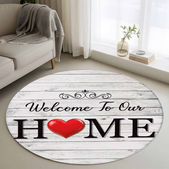 Area Rug 36in, Welcome to Our Home Quote Floor Carpet Living Room Rug, Retro Farm Wood Grain Non-Slip Welcome Mat Indoor Rugs for Bedroom Dining Room