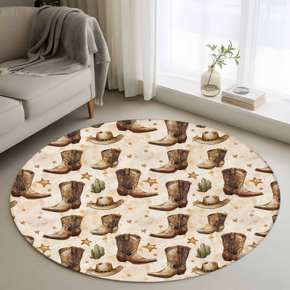 Area Rug 36in, Western Cowboy Desert Floor Carpet Living Room Rug, Watercolor Boots Hat Cactus Star Non-Slip Welcome Mat Indoor Rugs for Bedroom Dining Room