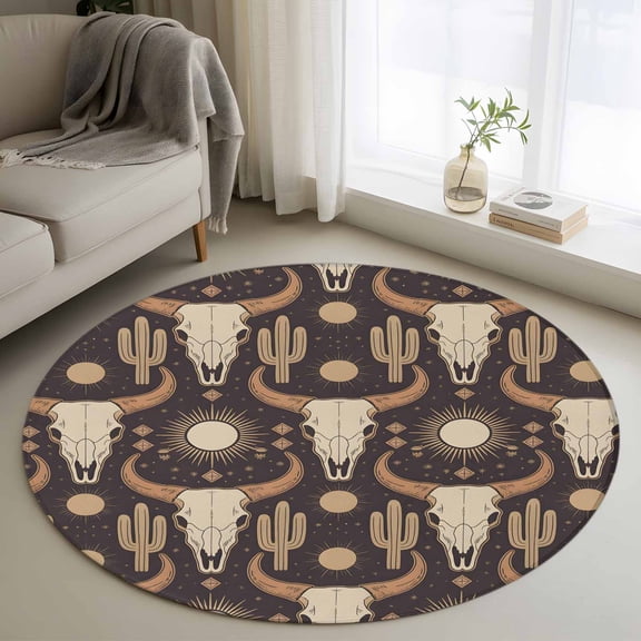 Area Rug 36in, Western Tribal Cow Skull Cactus Sun Floor Carpet Living Room Rug, Vintage Brown Non-Slip Welcome Mat Indoor Rugs for Bedroom Dining Room