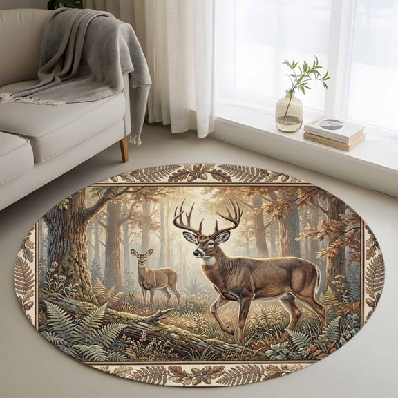 Area Rug 36in, Wild Elk Deer Natural Forest Scene Floor Carpet Living Room Rug, Botanical Leaves Trees Non-Slip Welcome Mat Indoor Rugs for Bedroom Dining Room