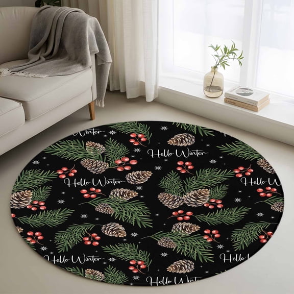 Area Rug 36in, Winter Pine Cone Berry Spruce Leaf Floor Carpet Living Room Rug, Christmas Plant on Black Non-Slip Welcome Mat Indoor Rugs for Bedroom Dining Room