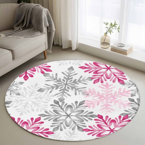Area Rug 36in, Winter Watercolor Pink Gray Snowflakes Floor Carpet Living Room Rug, Christmas Snow Texture Non-Slip Welcome Mat Indoor Rugs for Bedroom Dining Room