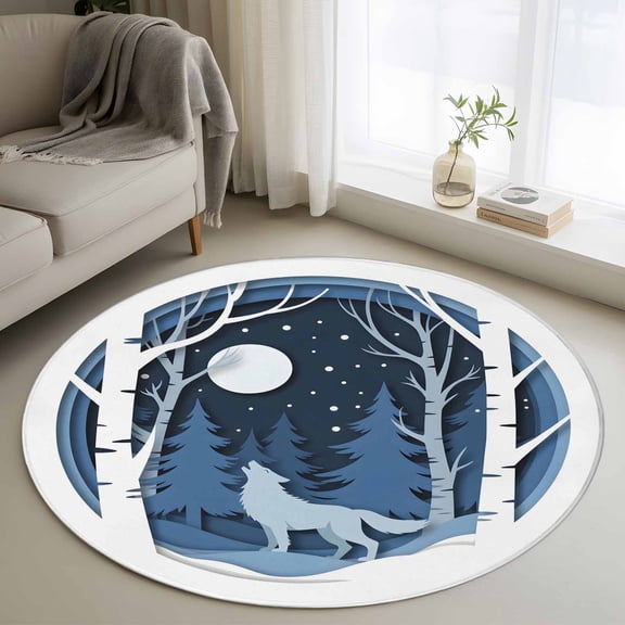 Area Rug 36in, Winter Wolves Blue Pine Tree Forest Floor Carpet Living Room Rug, Winter Snowflakes Non-Slip Welcome Mat Indoor Rugs for Bedroom Dining Room