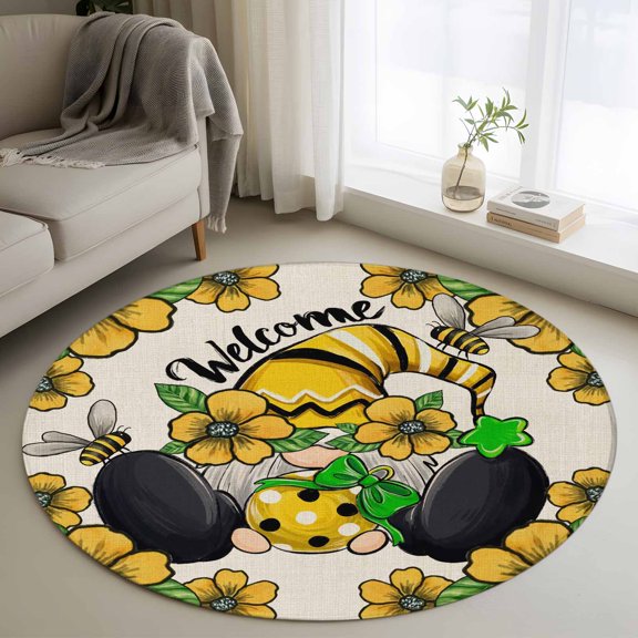 Area Rug 36in, Yellow Gnome Flower Bee on Vintage Linen Floor Carpet Living Room Rug, Green Leaves Non-Slip Welcome Mat Indoor Rugs for Bedroom Dining Room