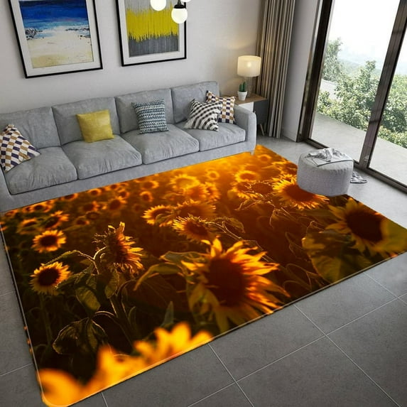 Area Rug 3D Sunflower Carpet Non-slip Floor Mat Bedroom Living Room Large Area Rugs Home Decor Flora