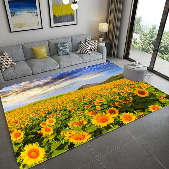 Area Rug 3D Sunflower Carpet Non-slip Floor Mat Bedroom Living Room Large Area Rugs Home Decor Flora