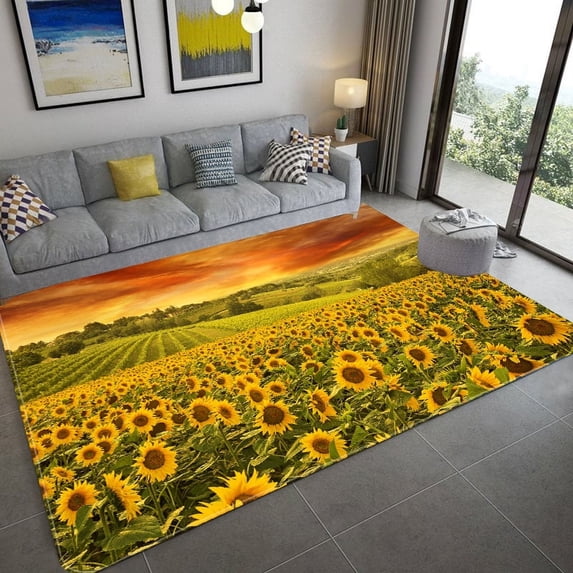 Area Rug 3D Sunflower Carpet Non-slip Floor Mat Bedroom Living Room Large Area Rugs Home Decor Flora