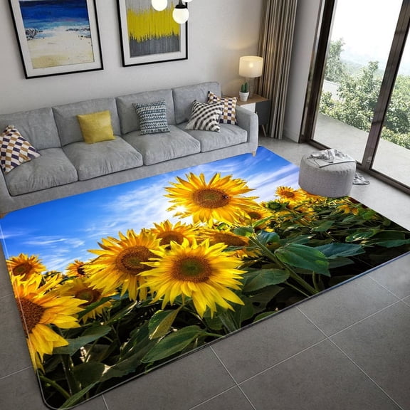 Area Rug 3D Sunflower Carpet Non-slip Floor Mat Bedroom Living Room Large Area Rugs Home Decor Flora