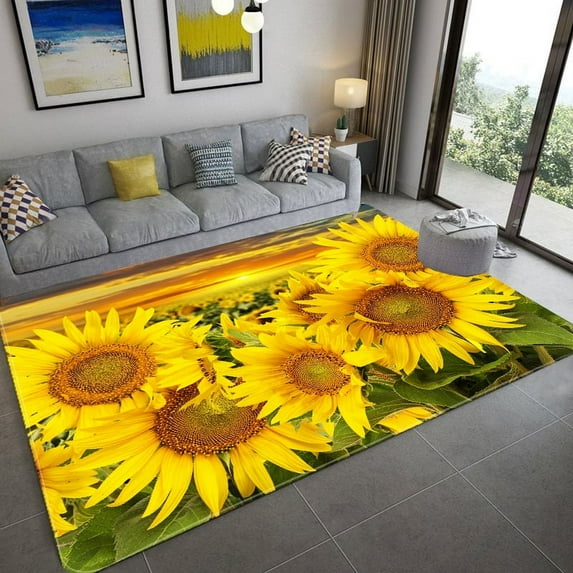 Area Rug 3D Sunflower Carpet Non-slip Floor Mat Bedroom Living Room Large Area Rugs Home Decor Flora