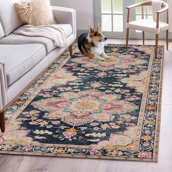 Area Rug 3x5 Ft, Vintage Boho Non Slip Area Rugs for Bedroom, Middle Century Western Geometric Abstract Art Washable Low Pile Accent Carpet for Indoor Kitchen Nursery Dining Room Office Front Door