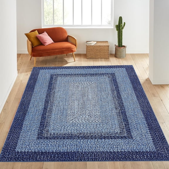 Area Rug 3x5 Machine Washable Rug Boho Rug Braided Print Area Rug Modern Indoor Throw Carpet Rustic Accent Floor Carpet for Living Room Bedroom Kitchen Nursery Office (Navy)