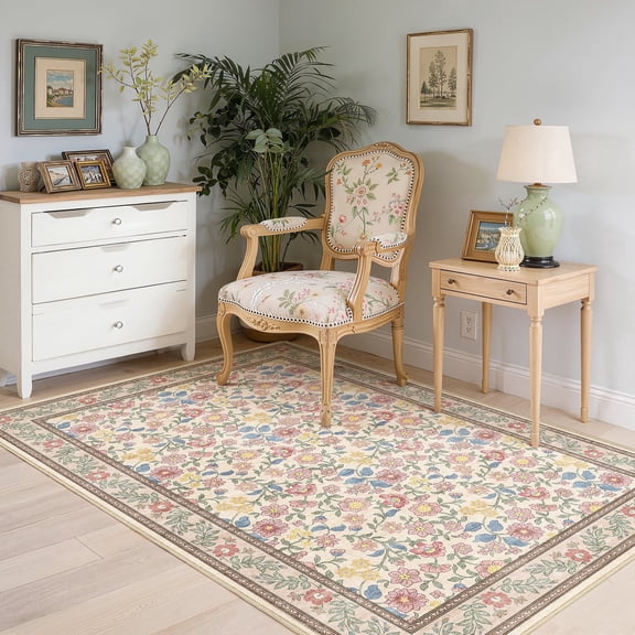 Toyoso 3x5 Vintage Cottagecore Floral Rug - Traditional French Country Carpet, 0.25" Low Profile Machine Washable Non-Slip Rug, Stain Resistant Rose Pattern Accent Rug for Bedroom