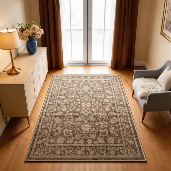 Toyoso 3'x5' Mocha Traditional Floral Carpet, Coffee Brown and Cream Silicone Area Rug, 0.25" Slim Machine Washable Low-Pile Floor Mat, Non-Skid Stain Resistant Rug for Kitchen and Home Office Desk