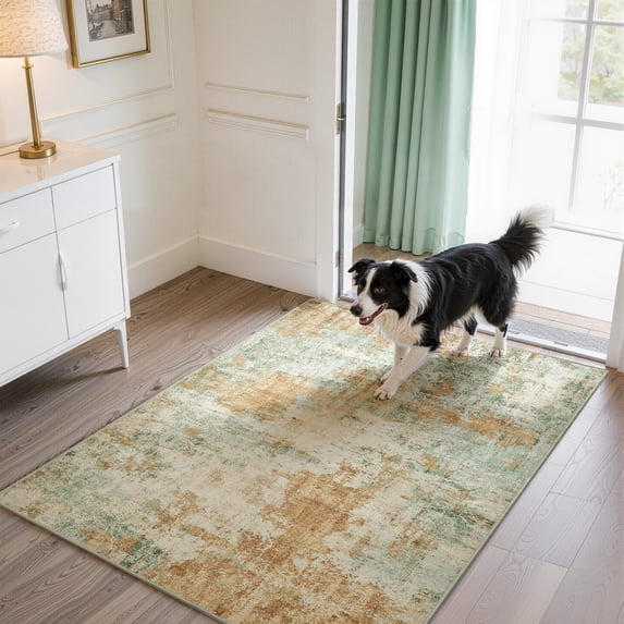 Toyoso Serene Sage Green Area Rug - 3x5 Modern Abstract Silicone Carpet, Earthy Watercolor Pattern, Machine Washable Rug for Kitchen & Home Office