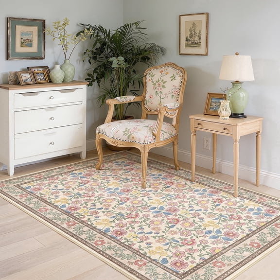 Toyoso 3x5 Vintage Cottagecore Floral Rug - Traditional French Country Carpet, 0.25" Low Profile Machine Washable Non-Slip Rug, Stain Resistant Rose Pattern Accent Rug for Bedroom