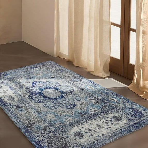 Area Rug 3x5 ft Door Mat Bohemian Washable Area Rugs with Non Slip Rubber Backing Vintage Area Rug Thin Carpet for Kitchen Laundry Room Bedroom