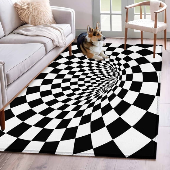Area Rug 3x5ft 3D Checkerboard Tunnel Area Rugs Washable Low Pile Floor Carpet for Bedroom, Black White Optical Illusion Non Slip Soft Rugs for Living Room Entryway Dining Room