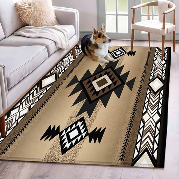 Area Rug 3x5ft Abstract Boho Brown Geometric Pattern Area Rugs Washable Low Pile Floor Carpet for Bedroom, Retro Southwest Theme Non Slip Soft Rugs for Living Room Entryway Dining Room