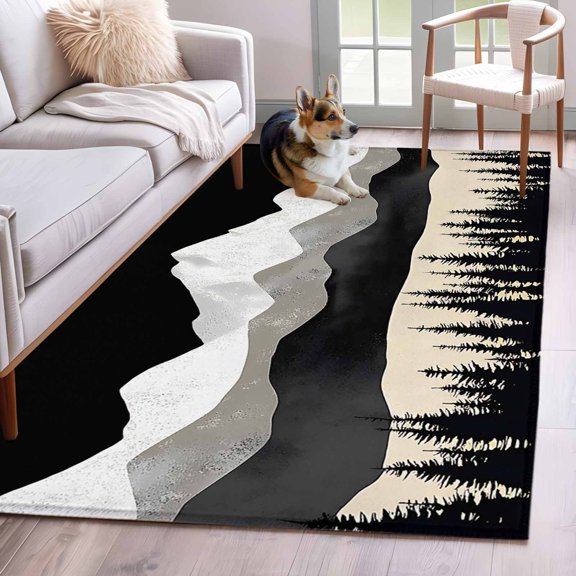 Area Rug 3x5ft Abstract Forest Mountain Pine Tree Area Rugs Washable Low Pile Floor Carpet for Bedroom, Retro Peaks Landscape Non Slip Soft Rugs for Living Room Entryway Dining Room