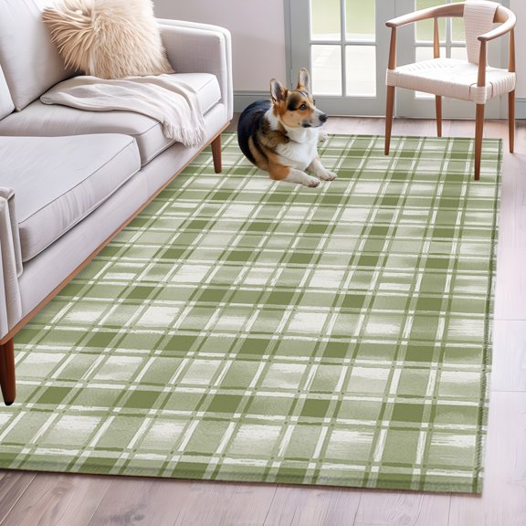 Area Rug 3x5ft Abstract Geometric Buffalo Plaid Area Rugs Washable Low Pile Floor Carpet for Bedroom, Sage Green Gradient Lattice Non Slip Soft Rugs for Living Room Entryway Dining Room